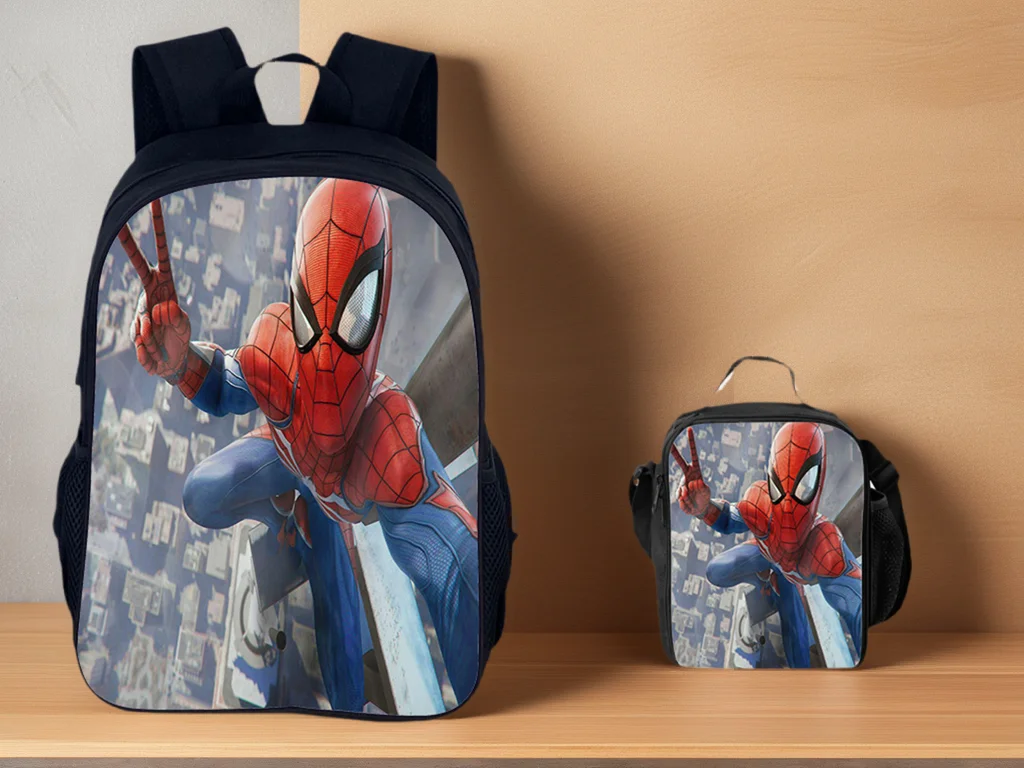

HOT Student Spider-Man Waterproof Backapck with Reusable Durable Lunch Tote 2 in 1 Set-Large Capacity School Bag for Kid