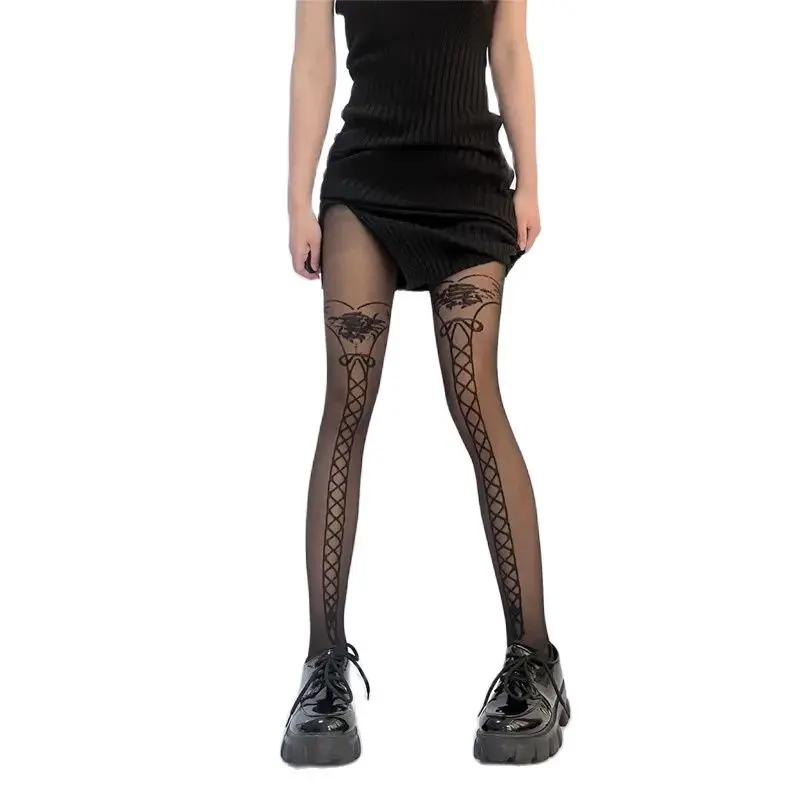 

Sexy Shoelace Print Tights Woman Black Medias Socks Transparent Thin Y2K Pantyhose Party Club Stockings.