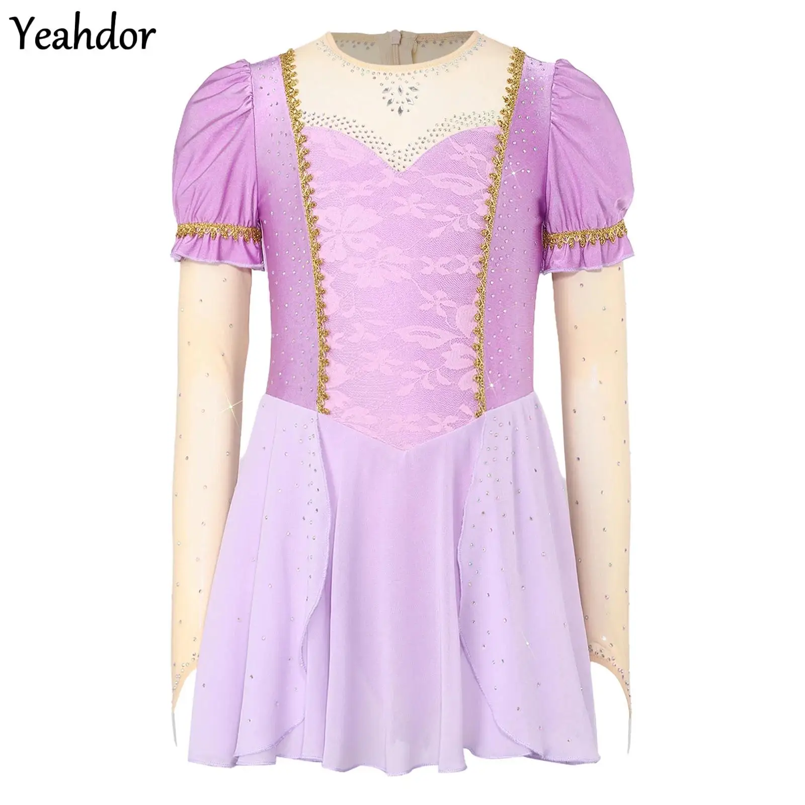 

Girls Halloween Princess Dance Dress Rhinestones Ballet Tutu Leotard Mesh Patchwork Ruffled Elegant Chiffon Dress Performances