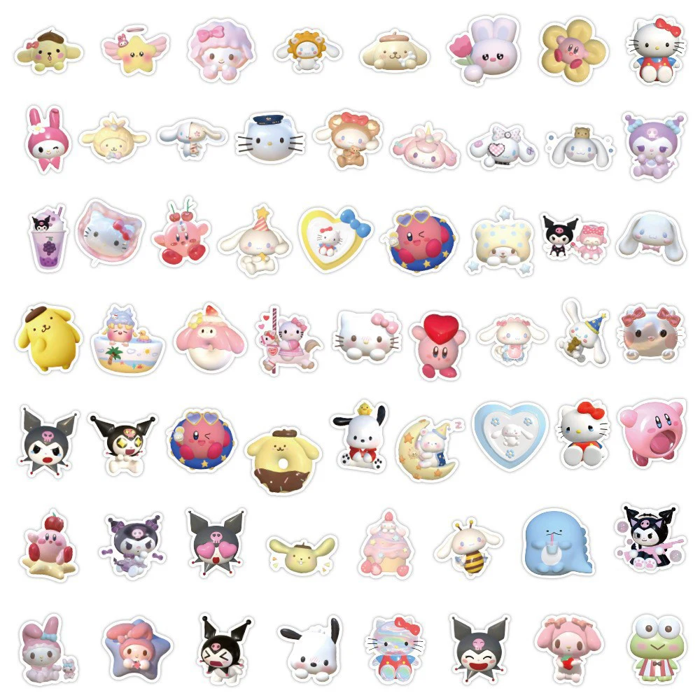 Misto dos desenhos animados Sanrio adesivos para crianças, bonito Kuromi, Olá Kitty, Cinnamoroll, minha melodia, adesivo para laptop, decalques de carro, brinquedos, 10 pcs, 30 pcs, 50 pcs, 100pcs