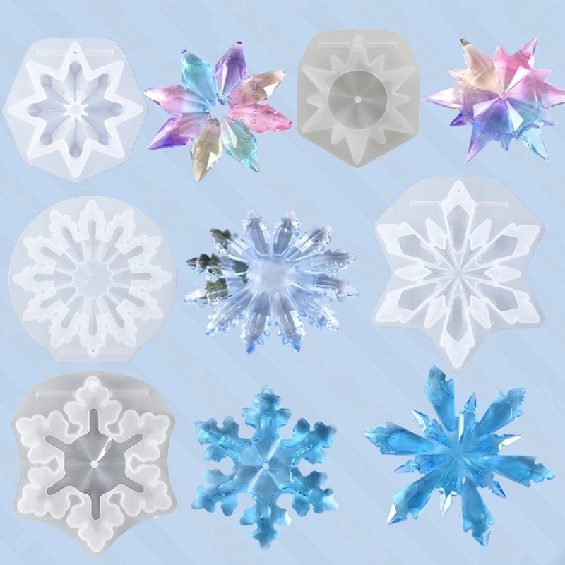 DIY Xmas Ornaments Crystal Epoxy Resin Mold Christmas Pendant Resin Mold 3D Mirror Snowflake Flexible Silicone Mold