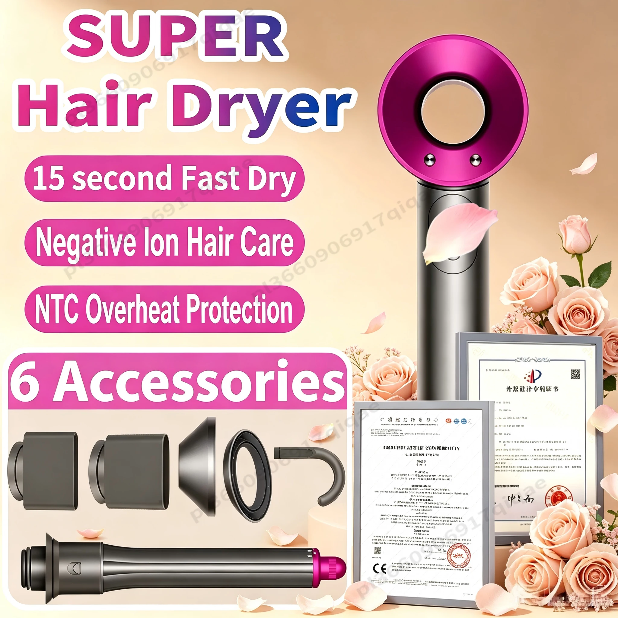 6-in-1スーパーヘアドライヤー、マイナスイオンヘアケア、ブロードライヤー、サロン・理容室用リーフレスヘアドライヤー、ディフューザー＆カーラー付き