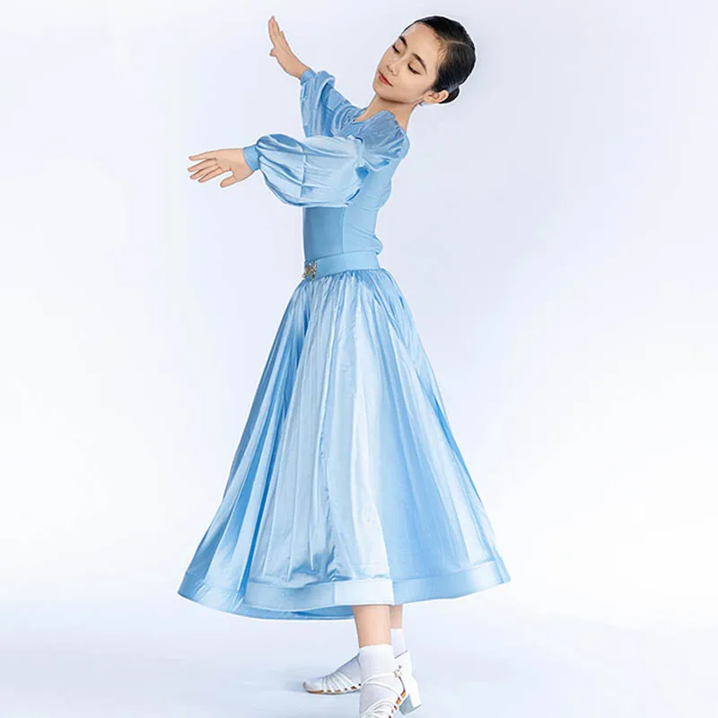 Lila Ballsaal Tanz Kleid Standard Mädchen Walzer Wettbewerb Kleid Moden Dance Bühne Kostüm Kind Ballsaal Dancewear Blau VDL1671