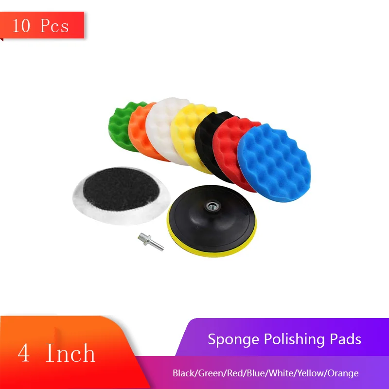 4 Inch Waving Polishing Sponge Pads 10 Pcs with Drill Adapter Assorted Black/Green/Red/Blue/White/Yellow/Orange for Car Buffing