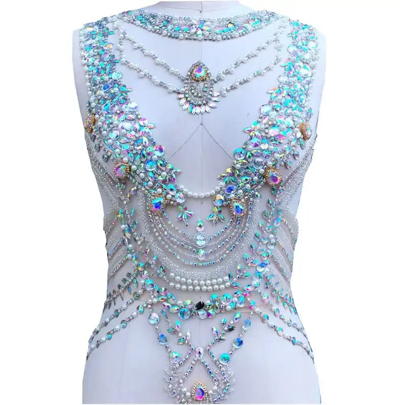 Gorgeous AB Color Rhinestone Beaded Applique Large Full Body Bodice Applique Dress Patches Motif Bridal Supplies