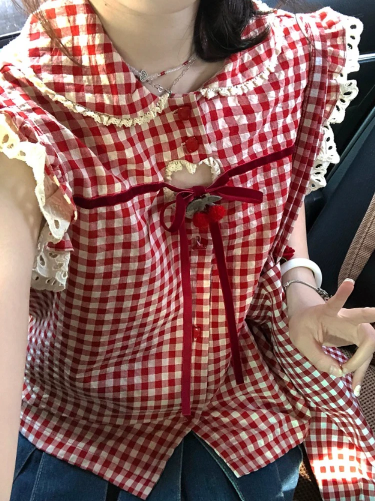 Red Plaid Lolita Kawaii Blouse Women Flying Sleeve Japanese Sweet Elegant Shirts Female Lace Korean Casual Clothes Summer 2023