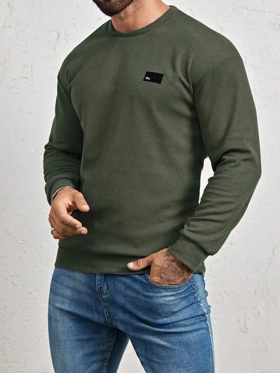 Olive Green Ribbed Texture Crewneck Long Sleeve Pullover for Men