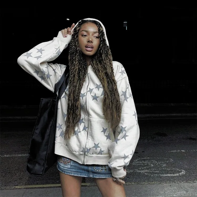 Women Harajuku Star Printed Sweatshirts Loose Casual Cardigan Tops Coats Streetwear Y2K Gothic Grunge Vintage Zip Up Hoodies