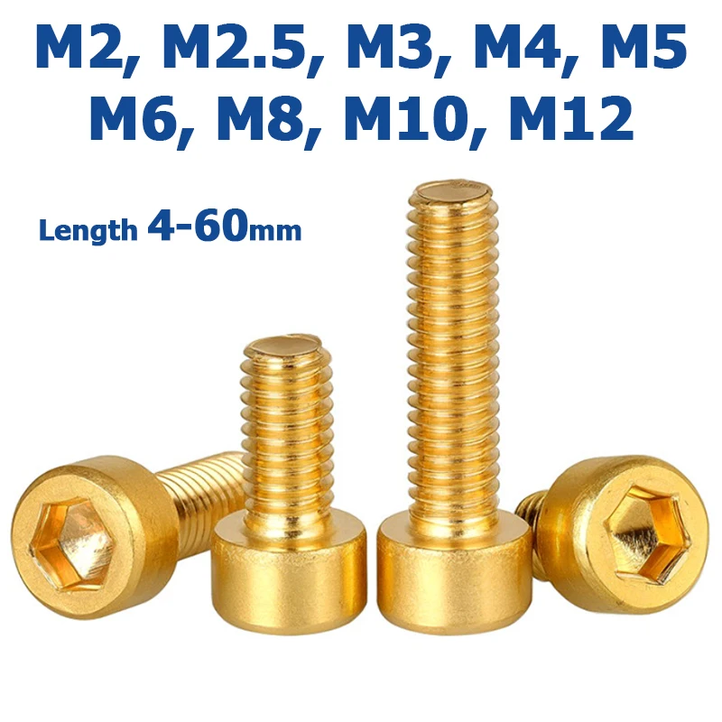 1-50pcs DIN912 Brass Hexagon Hex Socket Cap Head Screws M2 M2.5 M3 M4 M5 M6 M8 M10 M12 Allen Key Head Bolts Pure Copper Screw