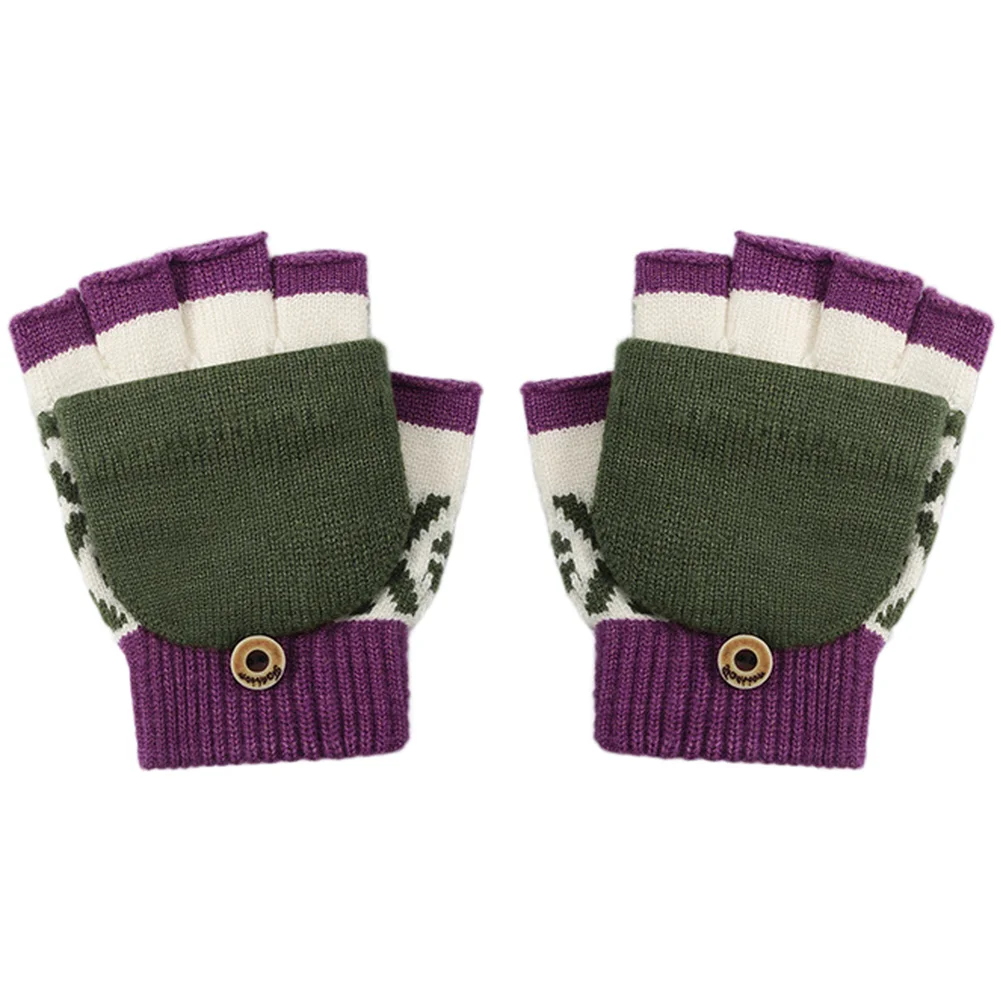Warm Fingerless Mitts Edogawa Deep Purple Kids Wool Gloves Soft Breathable Wool Core Buttoned Flap Design Anti-static Resistance