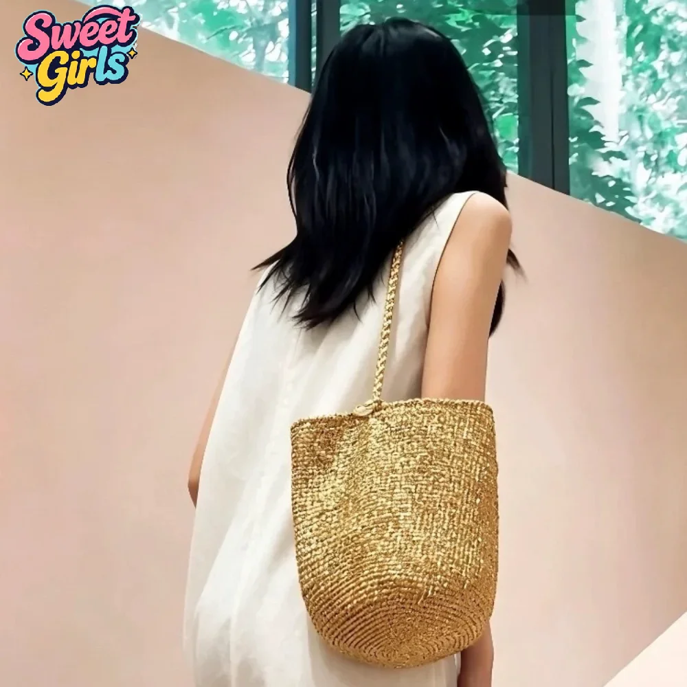 

Casual Large Capacity Handwoven Bucket Bag Solid Color Straw Design Shoulder Bag Handmade Boho Shoulder Bag Beach Bags