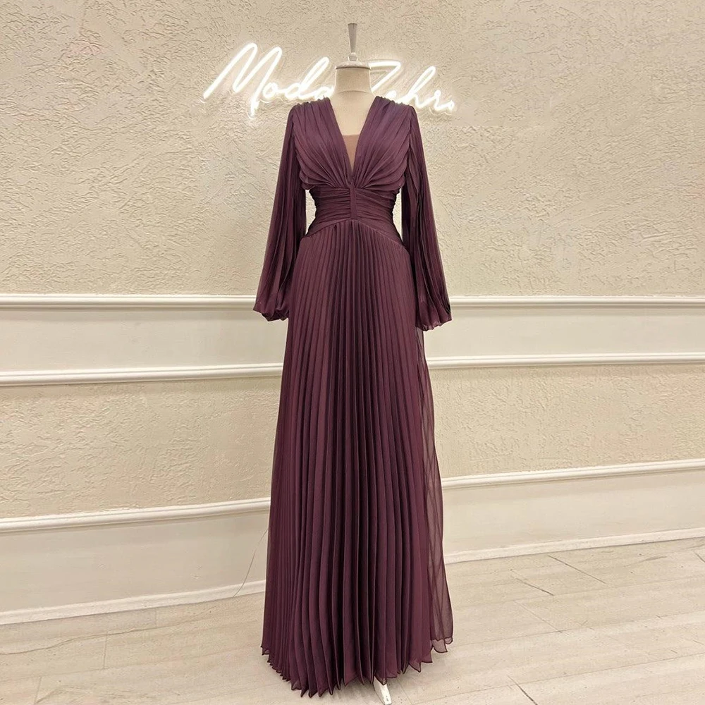 

Classic Evening Dresses For Women Deep V-Neck Full Sleeves Empire Party Gown Chiffon A-Line Sweep Train Vestido De Graduación