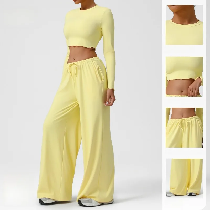 

New Women's Yoga Set Dance Sports Loose Hanging Wide Leg Pants Yoga Suit Slim Fit Long Sleeved Top Fitness Set