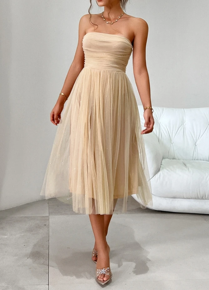 Strapless high waisted mesh long skirt evening gown