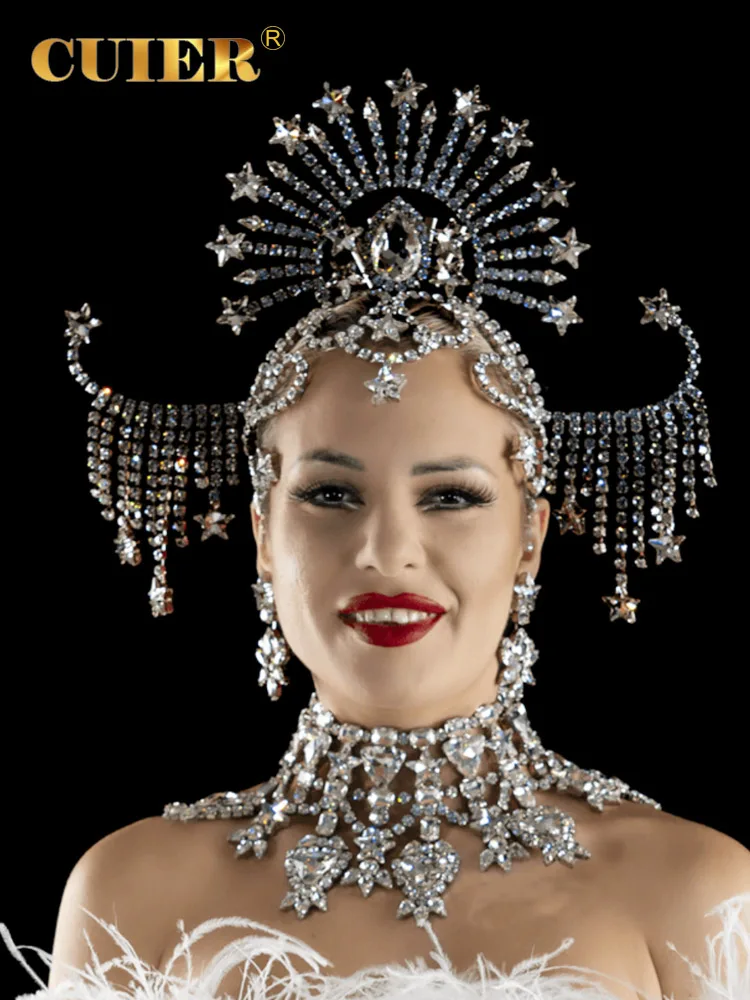 

CUIER излучающий свет звезды женский головной убор со стеклянными драгоценными камнями серебряный блестящий головной убор для шоу свадебное ожерелье серьги комплект