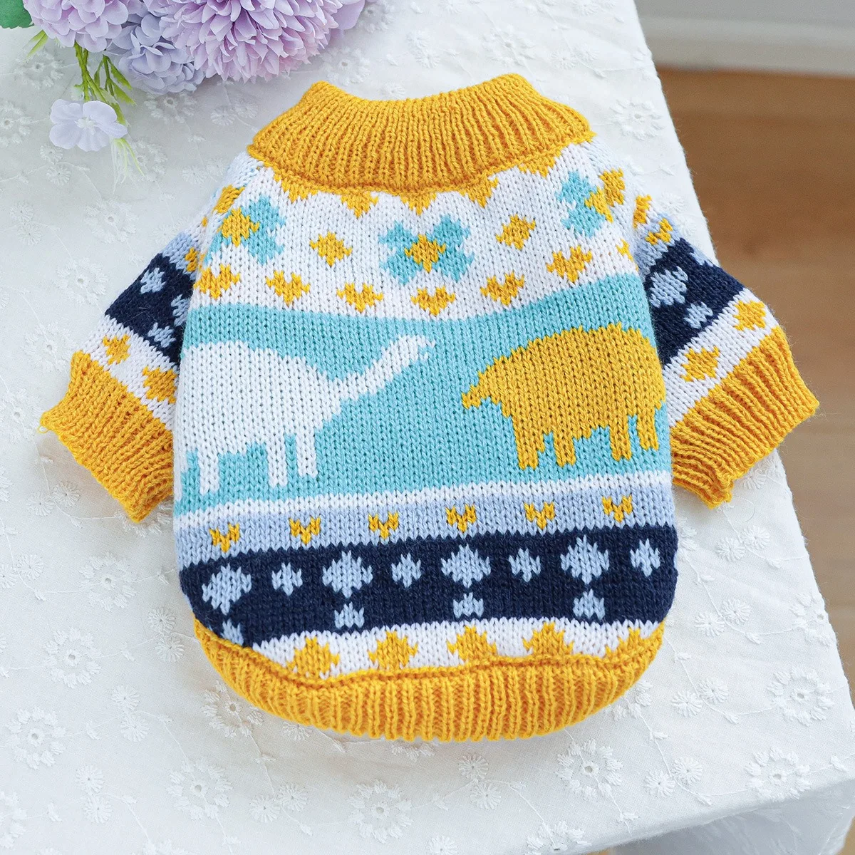 

Small and Medium Dog Winter Clothes Bichon Cartoon Dinosaur Sweater Teddy Soft Knit Pet Warm Two Legs Clothes