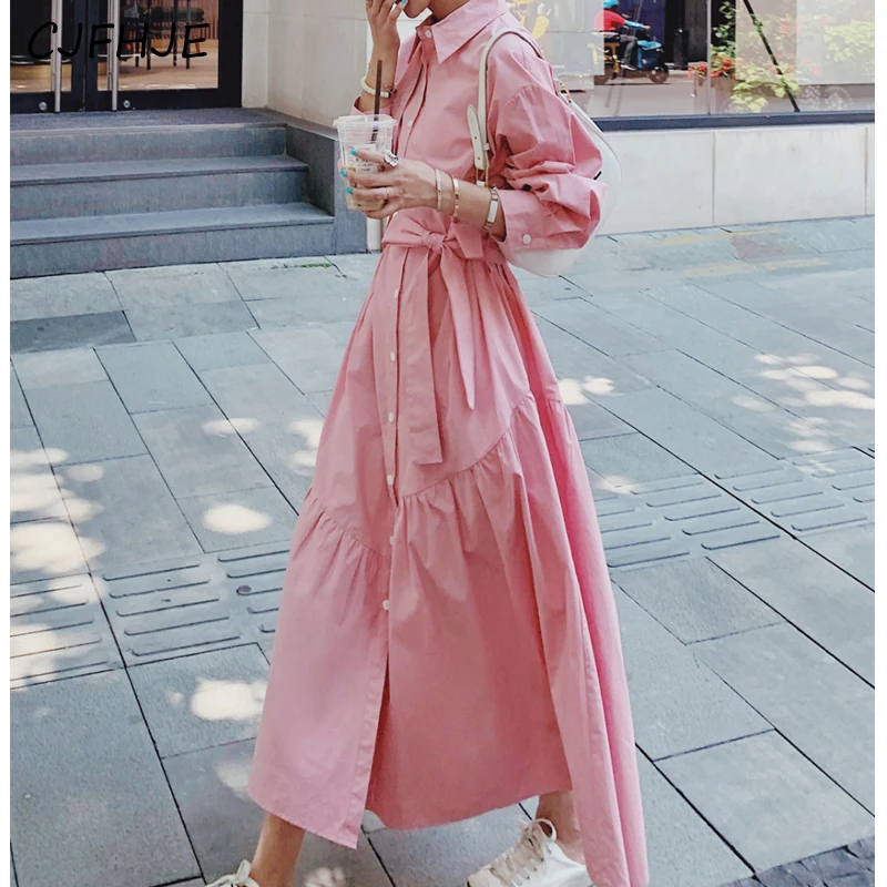 CJFHJE Women Vintage Lace Up Pink Sweet Chic Single Breasted Shirt Long Dresses Trendy Long Sleeve Streetwear Dress Elegant Robe