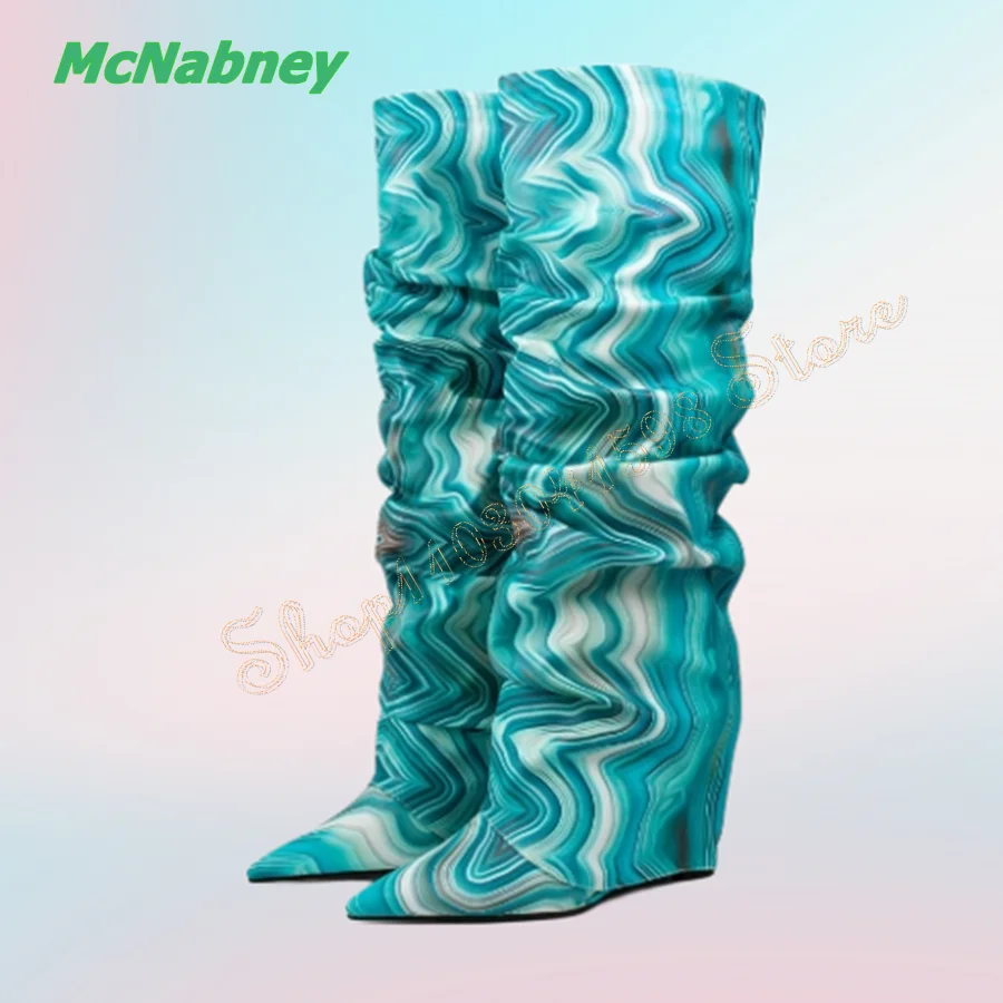 

Pointed Toe Stiletto Knee High Boots Wave Pattern Leather High Heel Boots Fashion Party Women Boots 2024 New Zapatos Para Mujere