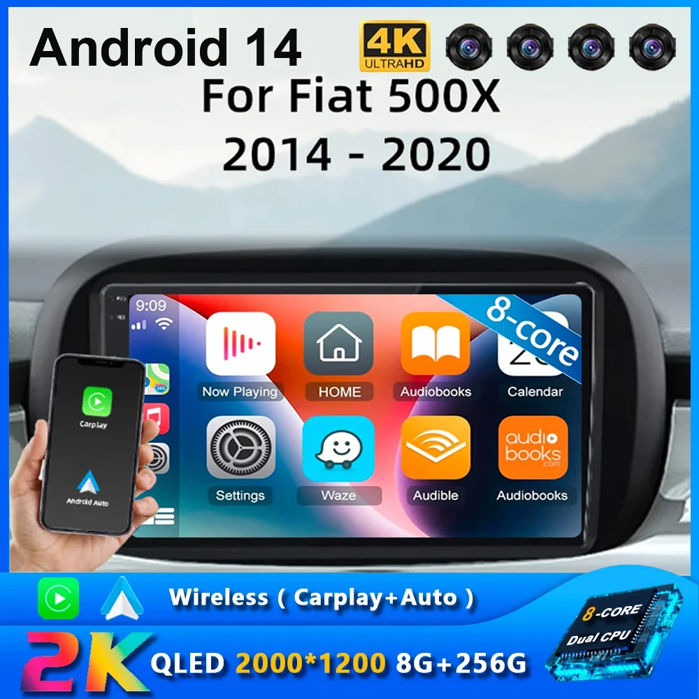 Android 14 For Fiat 500X 2014 2015 2016 2017 - 2020 Car Radio Navigation Multimedia Player GPS WiFi+4G DSP wireless Carplay Auto