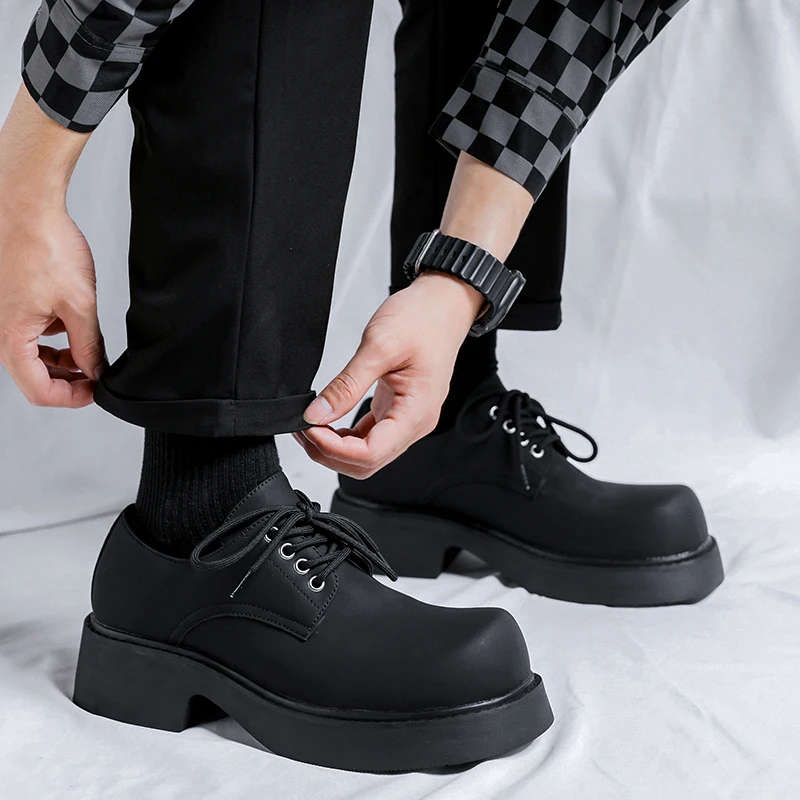 2023 Japan Korean Streetwear Fashion Casual Square Toe Boots Shoes Male Black Punk Gothic Outdoor Leather Motorcycle Boots Shoe