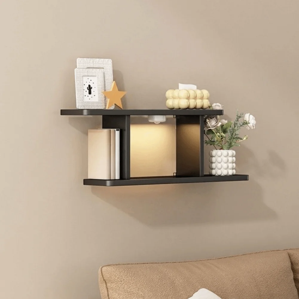 Wooden LED Light Wall Shelf Space Saving Decorative Double-Layer Display Shelf Large Capacity Wall Storage Rack Bedroom