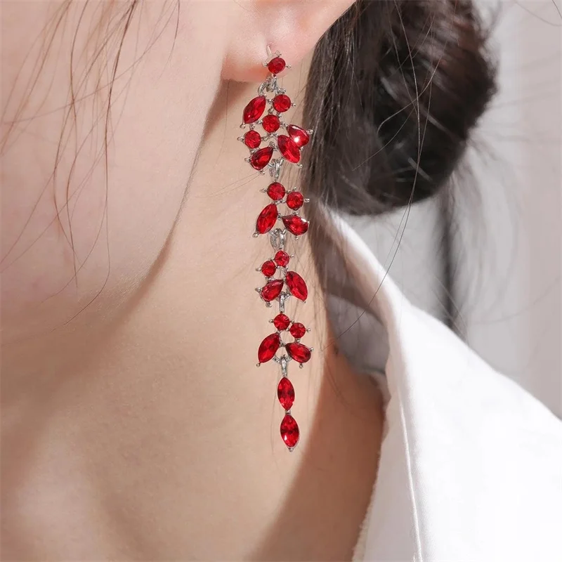 Fashion Red Zircon Long Tassel Earrings for Women Elegant Rose Crystal Pendant Earrings Girls Party Wedding Statement Jewelry