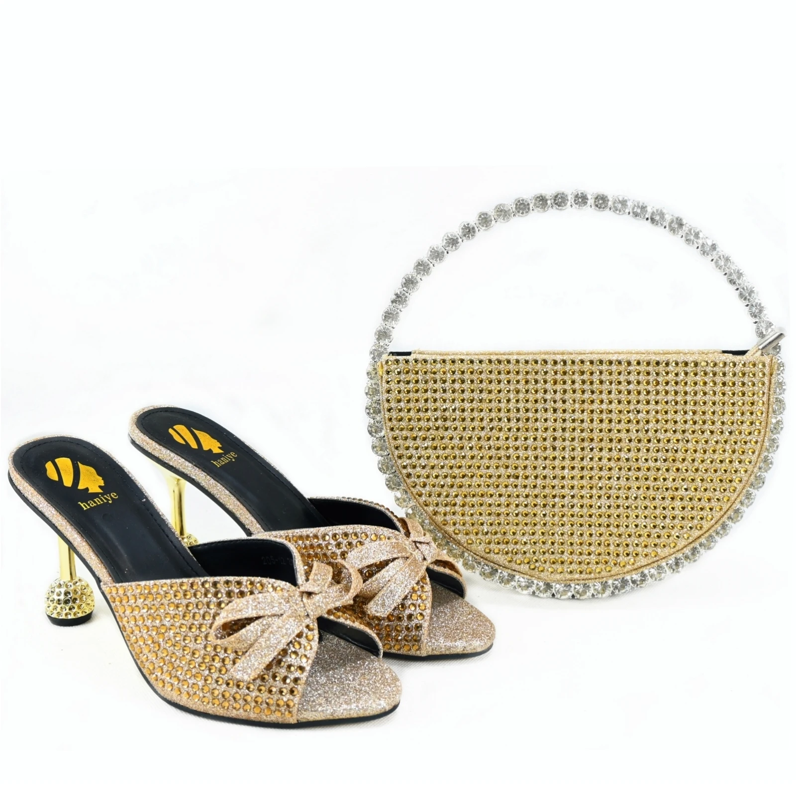 Decorated with Rhinestone Round Shape Party Luxury Bag With High Heels Italian Ladies Gold Color Ladies Shoes And Bags To Match