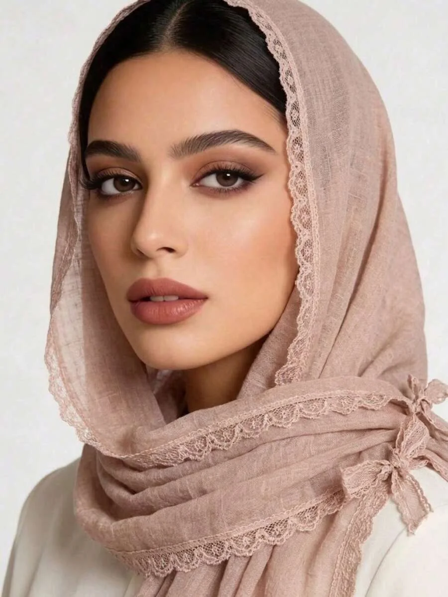 Elegant Solid Color Lace Trim Headscarf Scarf Muslim Women's Hijab Multi-Functional Shawl Vintage Headwrap Lightweight Shawl