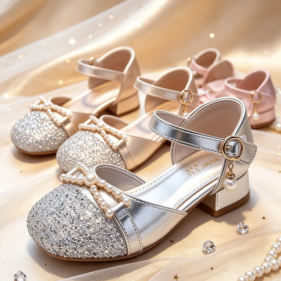 Charm Kids Shiny Block Low Heel Flower Girl Wedding Pageant Sandals Formal Children's Bridesmaid Communion Princess Party Shoes