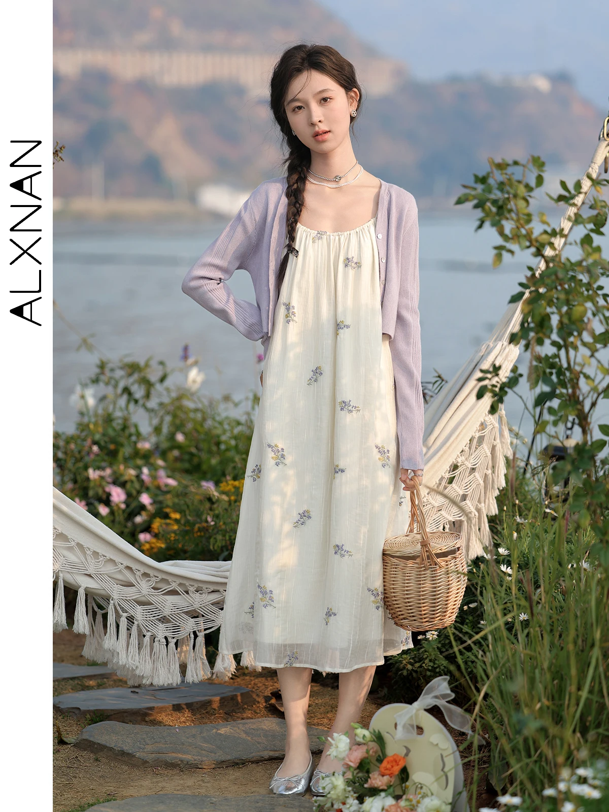 Alxnan elegante decote em v recortado cardigan para mulher 2024 primavera verão roxo malhas das mulheres outerwear roupas femininas l33770sy