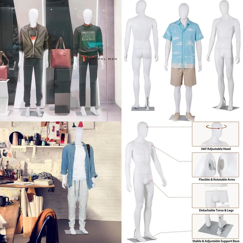 

Регулируемый мужской манекен в полный рост, 73 см, со съемными конечностями, металлическое основание для демонстрации одежды (белый)