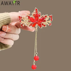 Red Maple Leaf Tassels Crystal Hair Claw Clip Vintage Hanfu Chinese Style Rhinestone Hairpin Ponytail Crab Grip Hair Accessories