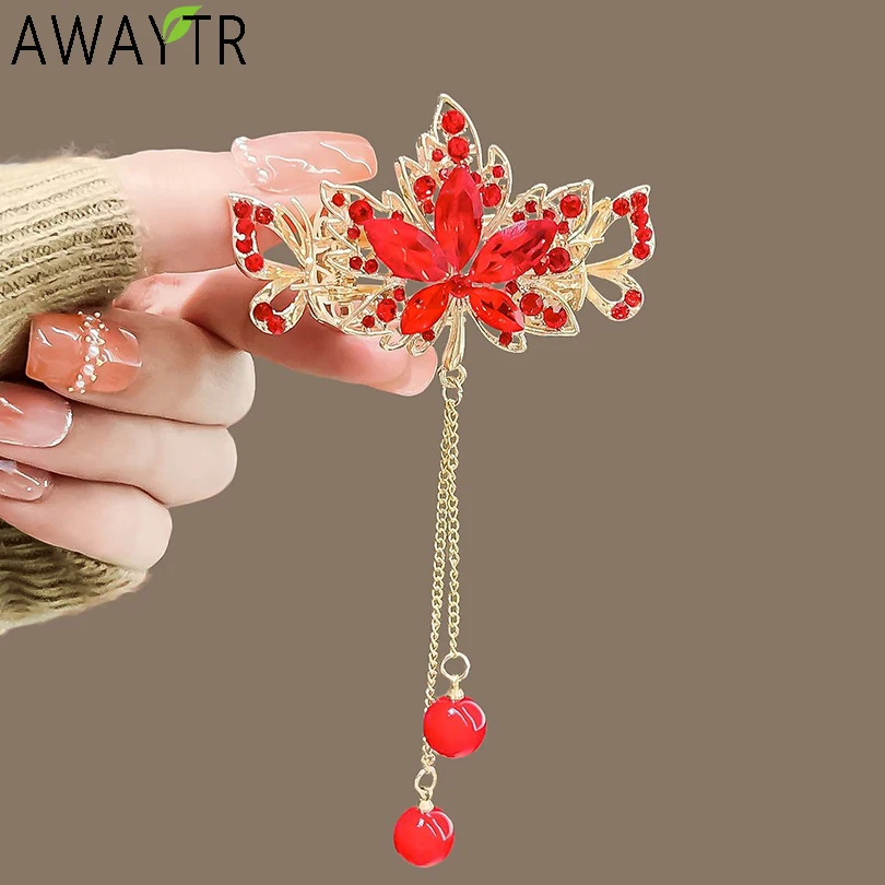 Red Maple Leaf Tassels Crystal Hair Claw Clip Vintage Hanfu Chinese Style Rhinestone Hairpin Ponytail Crab Grip Hair Accessories