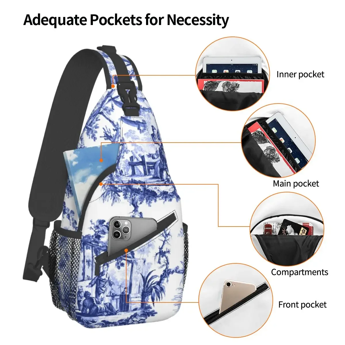 Blue Chinoiserie Toile Crossbody Sling Bag Casual Chest Bag Oriental Shoulder Backpack Daypack for Travel Hiking Sports Bag