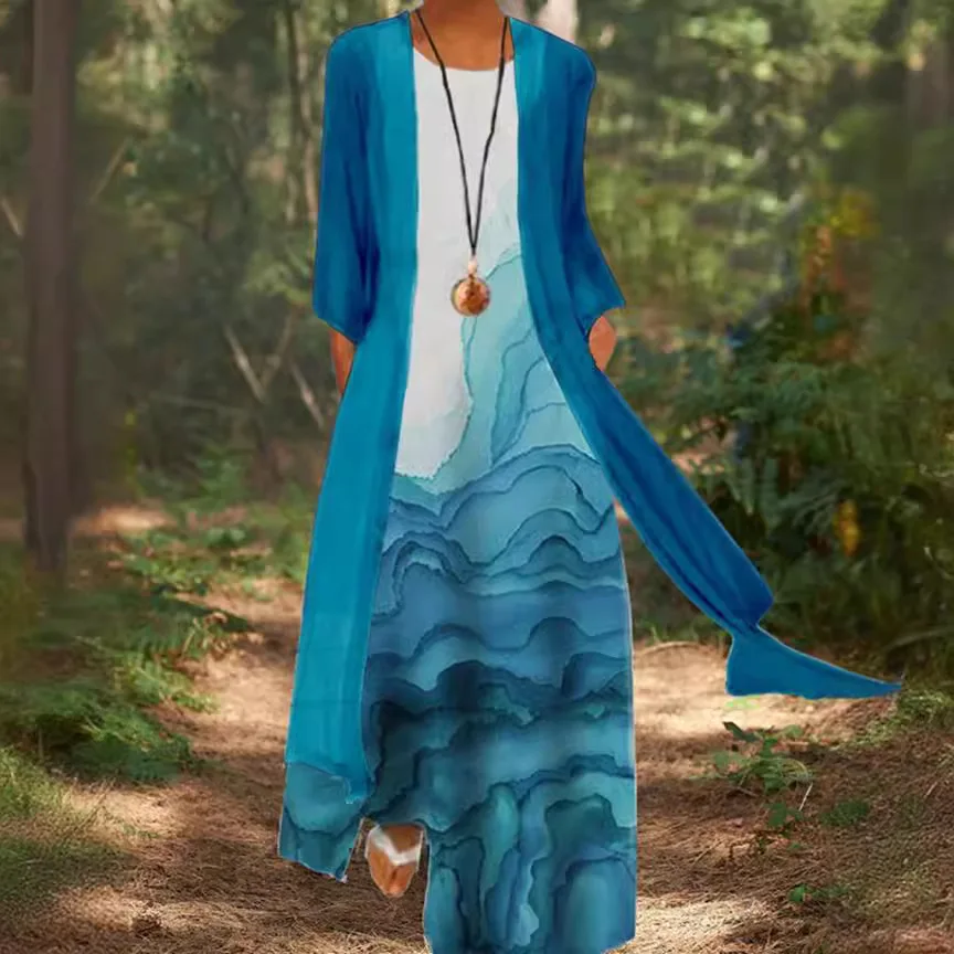 Nuovo set da due pezzi Lady Flower Print Abito lungo senza maniche con cardigan Abiti caldi Donna 2025 Summer Boho Abiti eleganti Cappotto