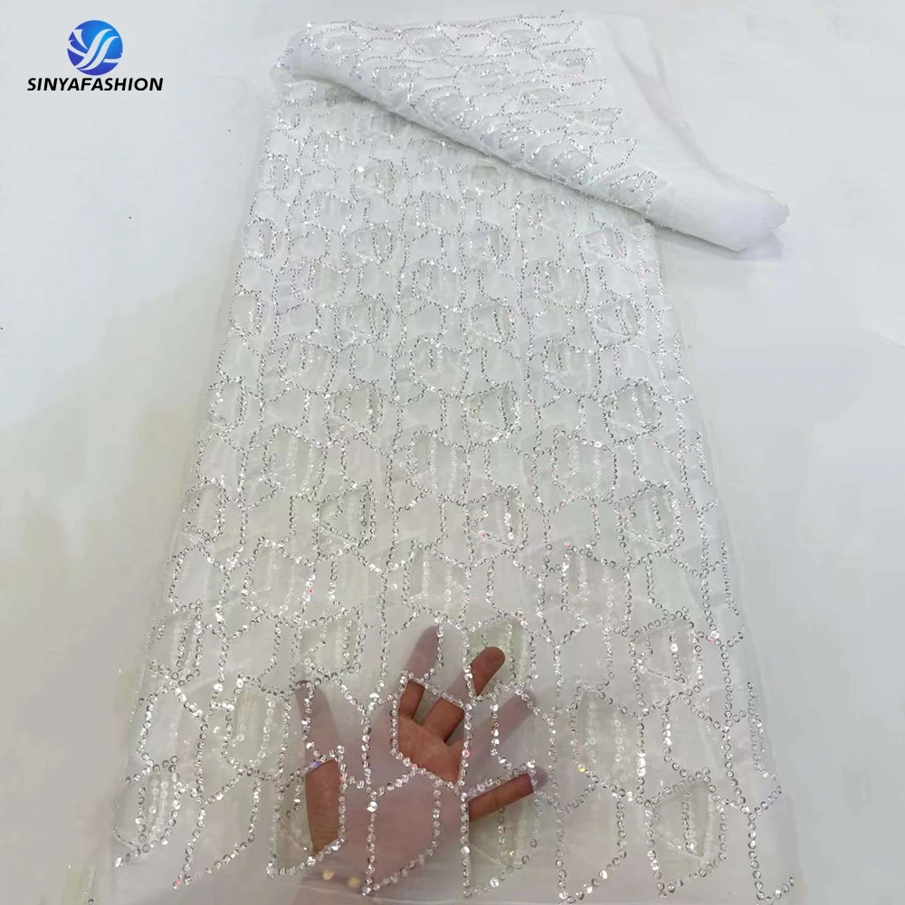 Sinya White Sequence Organza Tulle Laser Embroidery Fabric High Quality Nigerian African French Chiffon Sequins Lace Sew Fabric