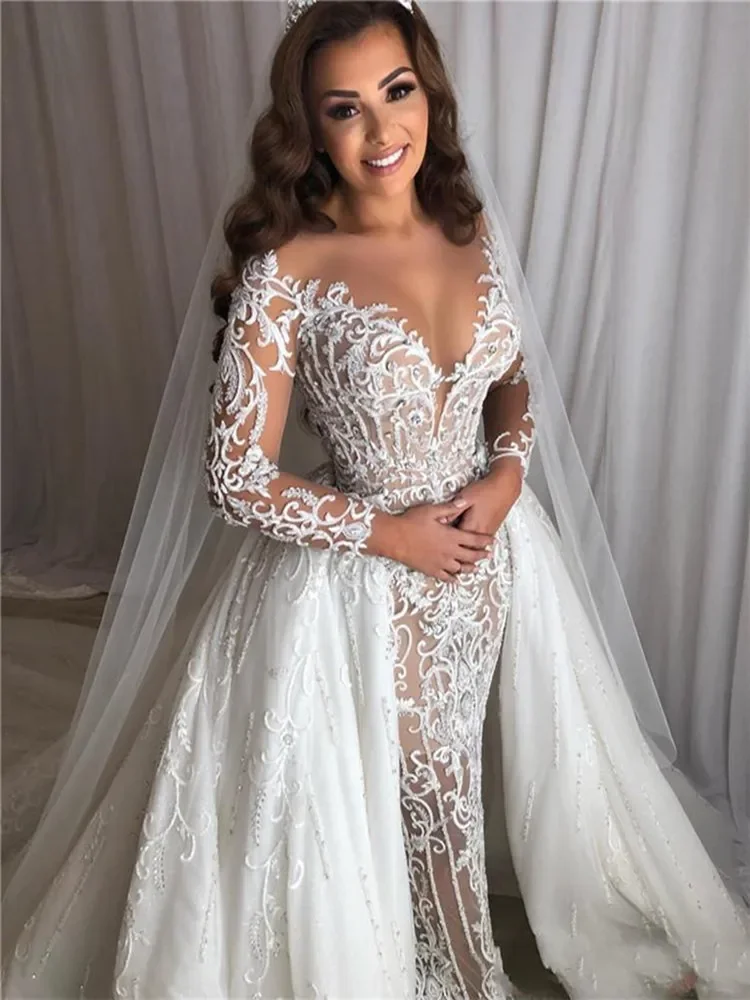 

Customized Modern Mermaid African Embroidery Beading Wedding Dresses With Detachable Train Long Sleeves Robe De Mariée Bridal Go