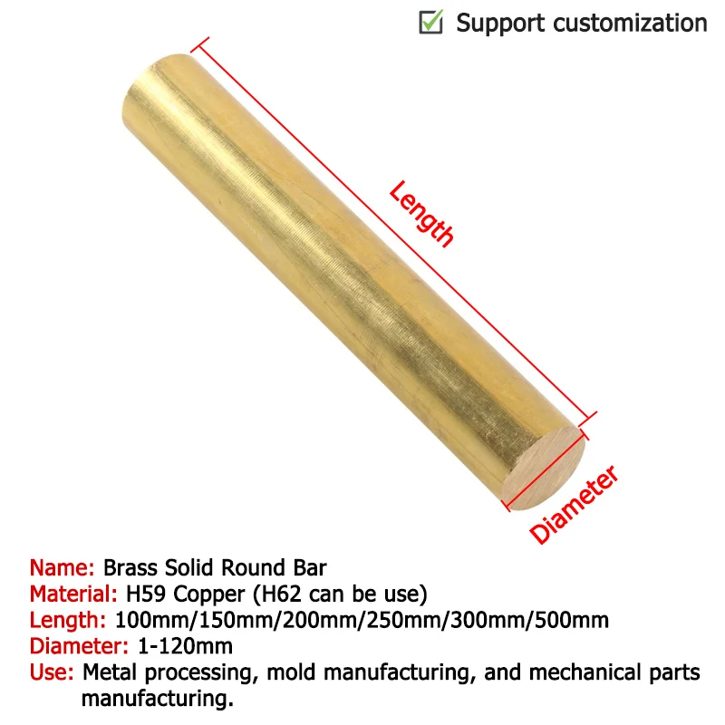 Brass Rod Dia 3-120mm length 100/150/200/250/300/500mm DIY Hardware H59 Brass Round Bar Rod Circular Wire Tube Modelmaking Rod