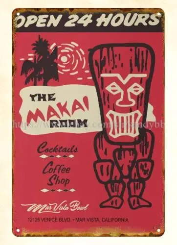 1960s Makai Room California Tiki restaurant lounge metal tin sign internal art