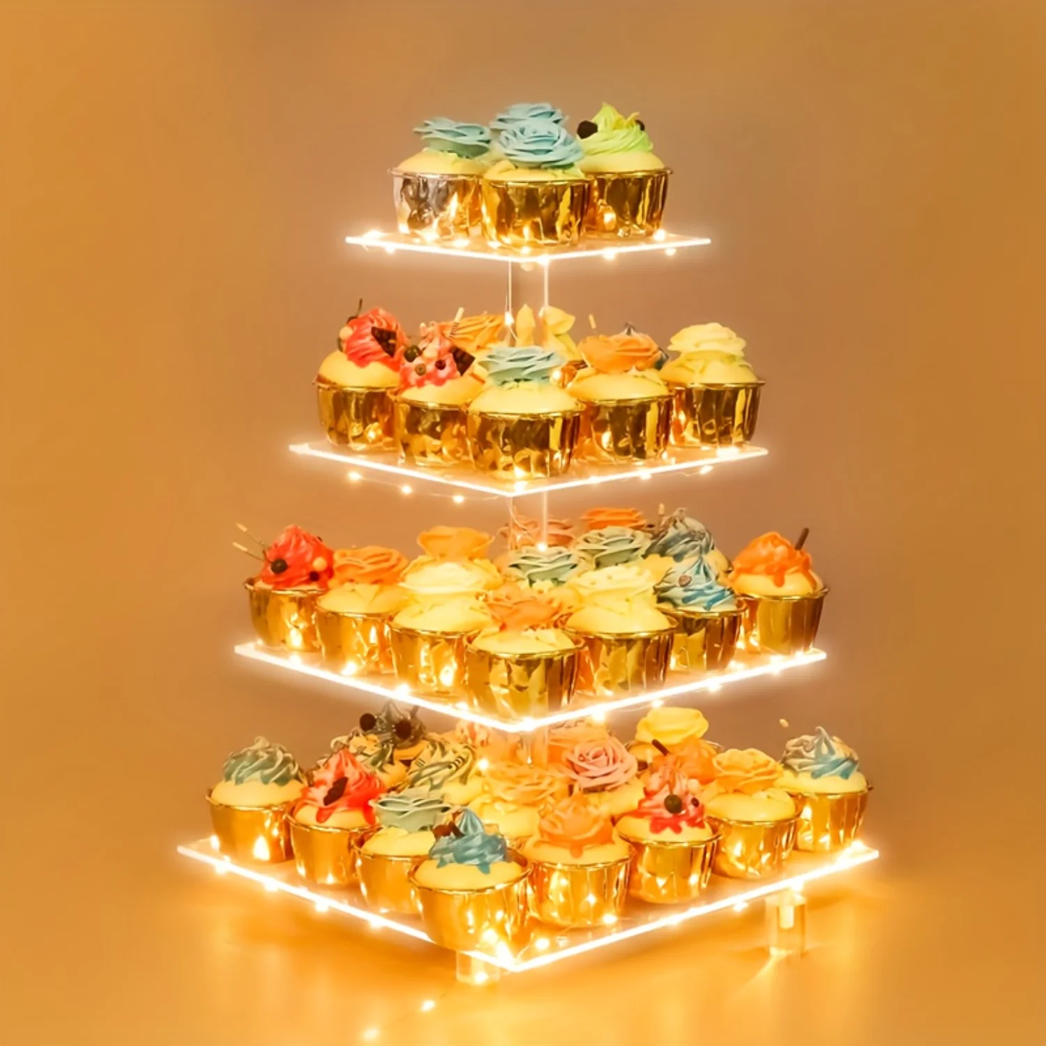 4-Layer Acrylic Cupcake Stand with LED Lights - Serving Display for Christmas, Birthday, Wedding, Baby Shower - Serveware Decor