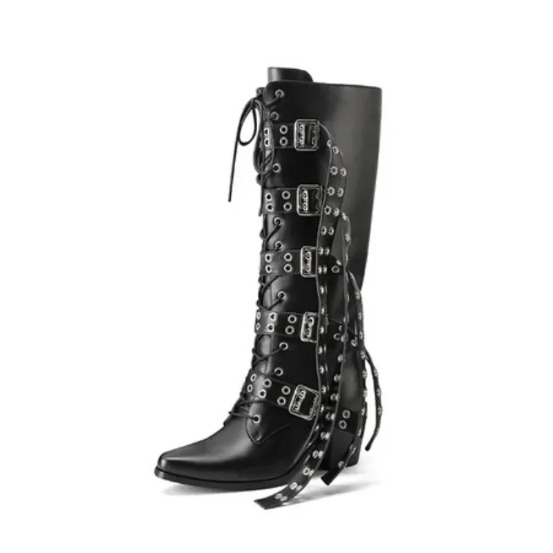 2024 Women\'s Fashion Belt Buckle Decoration Thick High Heels Front Strap Knee Boots European and American Side Zipper Boots