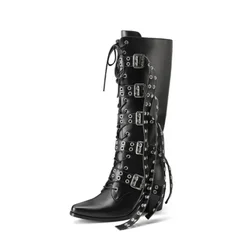 2024 Women's Fashion Belt Buckle Decoration Thick High Heels Front Strap Knee Boots European and American Side Zipper Boots