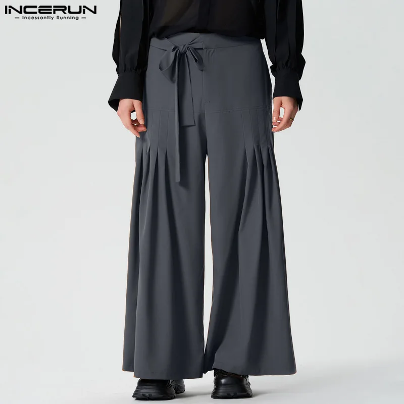 INCERUN-Pantalon à Jambes Larges pour Homme, Jogging Plissé à Lacets, Couleur Unie, Mode Décontractée, Streetwear, 2024