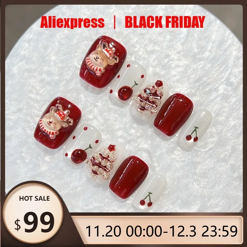 

10pcs 3D Red Cherry Christmas Handmade Press on Nails Christmas Tree Full Cover Nail for Women&Girls Removable Wearable Nail Art