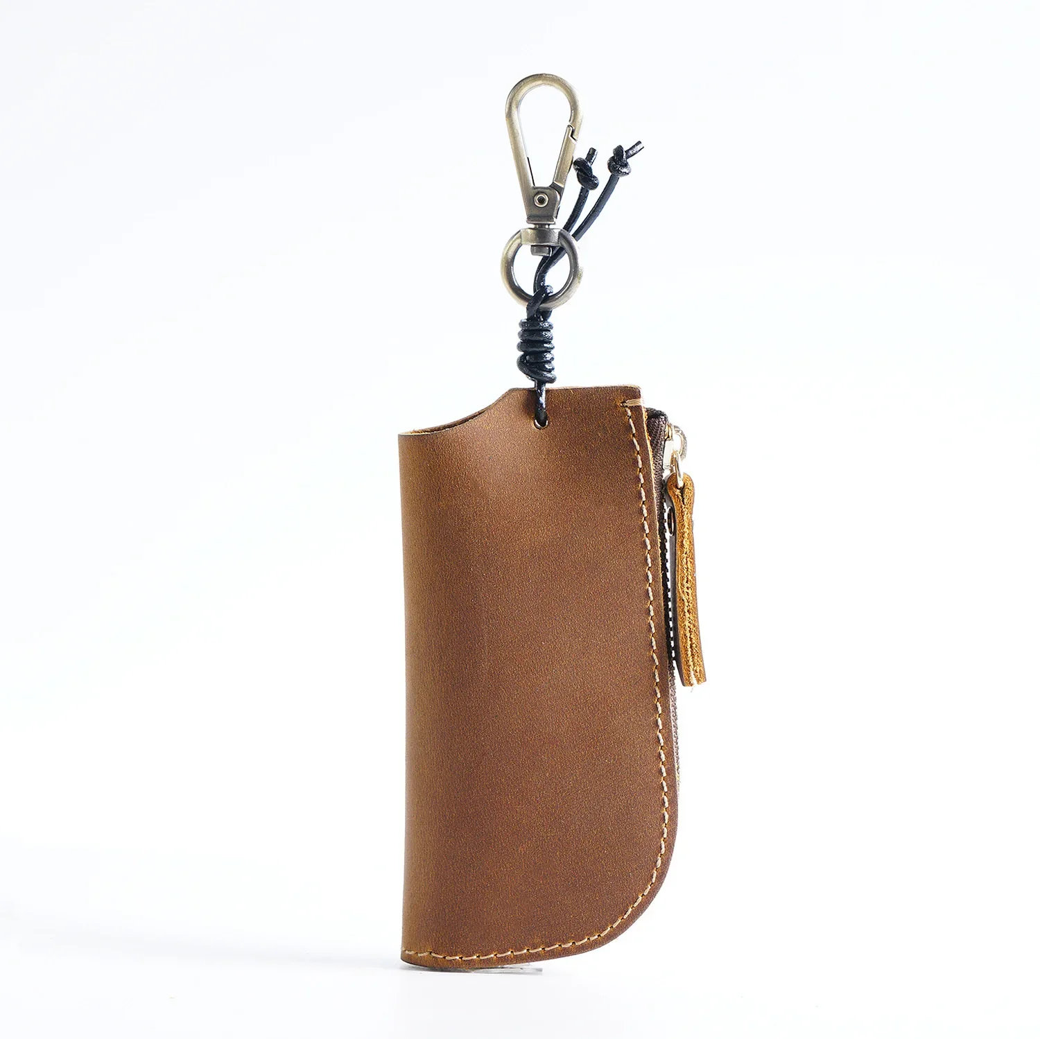 Genuine Leather Zipper Key Storage Bag Vintage Cowhide Car Key Protective Case Key Holder Men Business Keychain with Metal Hook