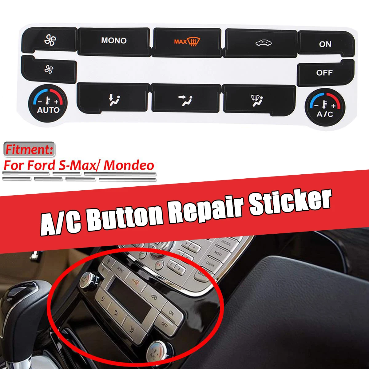 Ar Condicionado AC Climate Control Etiqueta Repair Botão, decalque para Ford S-Max, Fix Mondeo, prata, preto, um conjunto