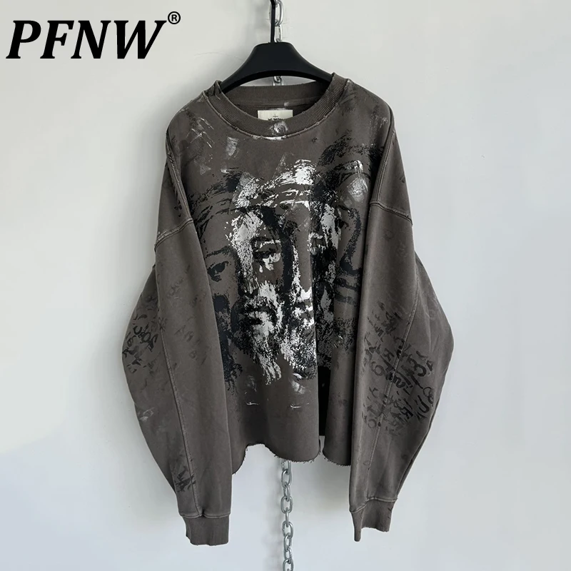 PFNW Terry Washed Distressed Destruction Print Loose Long Sleeve Sweatshirt High Quality Overiszed O-neck Pullover Top 28W5774