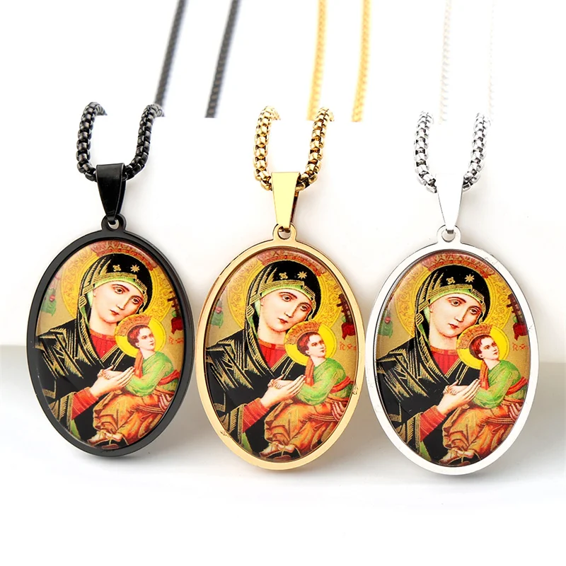 Virgin Mary Hold Baby Jesus Oval Medal Pendant Necklace for Women Men Stainless Steel Gold Silver Color Catholic Chain Jewelry