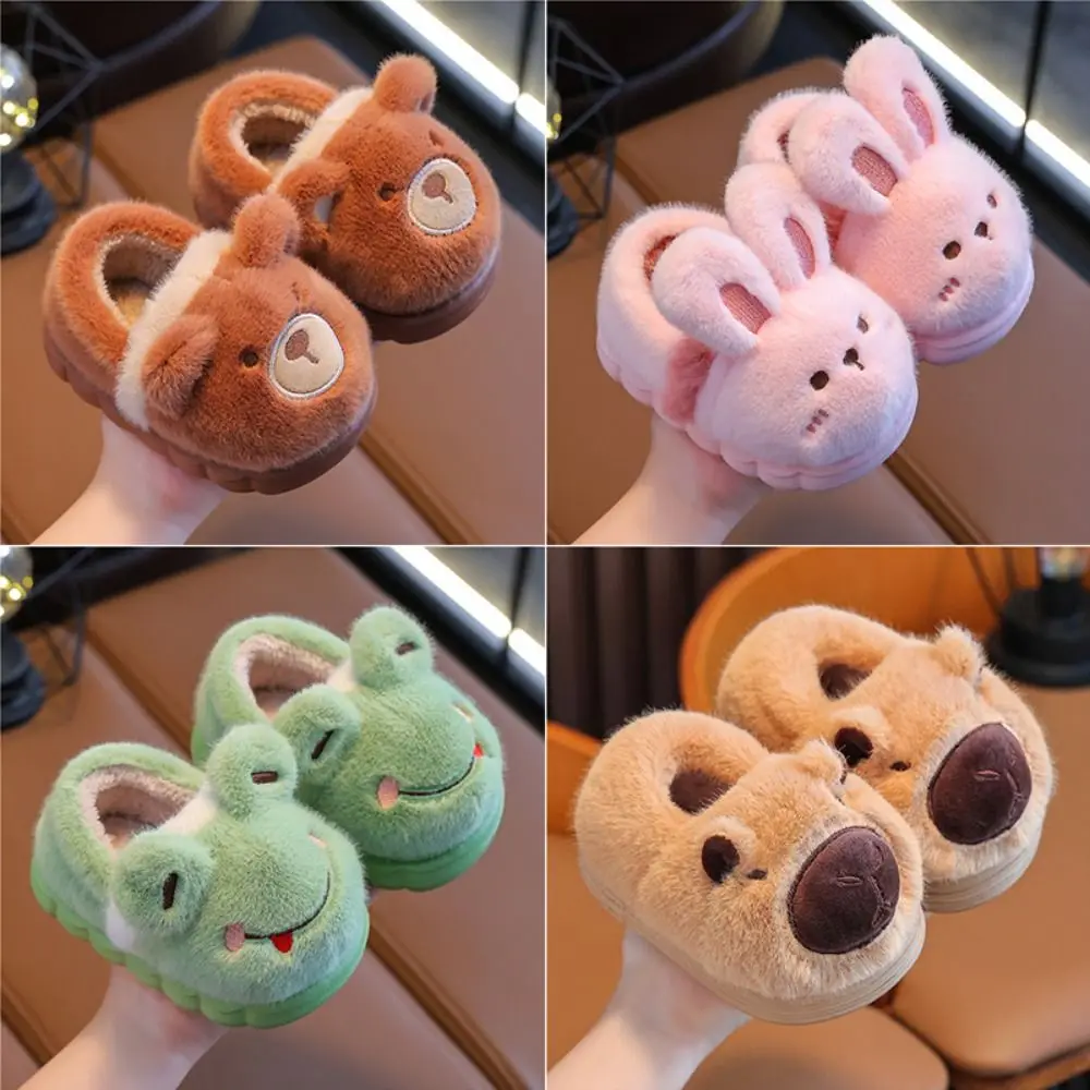 

Детские хлопковые тапочки, нескользящая детская обувь с мультяшными животными, утолщенные детские зимние теплые пинетки с кроликом-лягушкой и капибарой