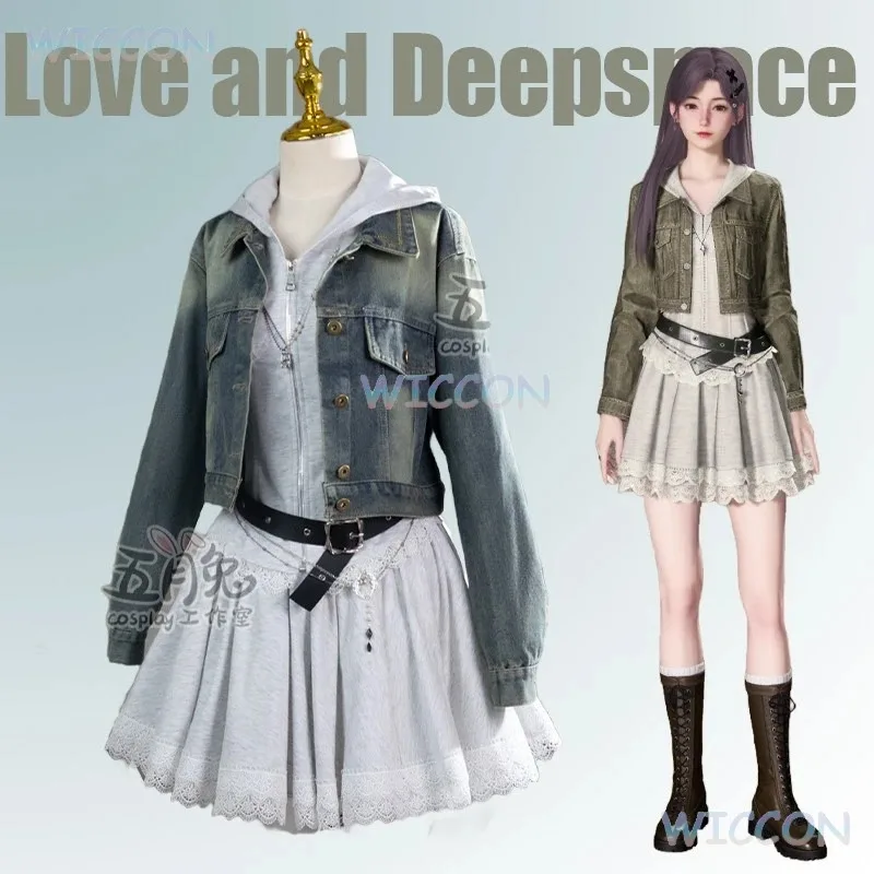 

Game Love and Deepspace Hunter Girl Cosplay Adult Women Denim Jacket Uniform Costume Skirt Full Set Accessories Suit Outfits